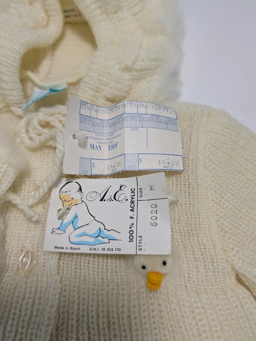 Vintage All-Mine Cream-Colored Knit Hooded Baby Coat & Booties with Duck Accents